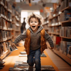 A child, excited about a variety of books in the library.