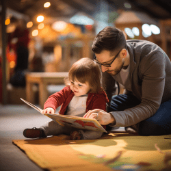 A toddler who is ready to read and a parent enjoying a picture book.