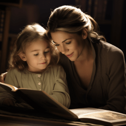 A parent teaching her child phonics.