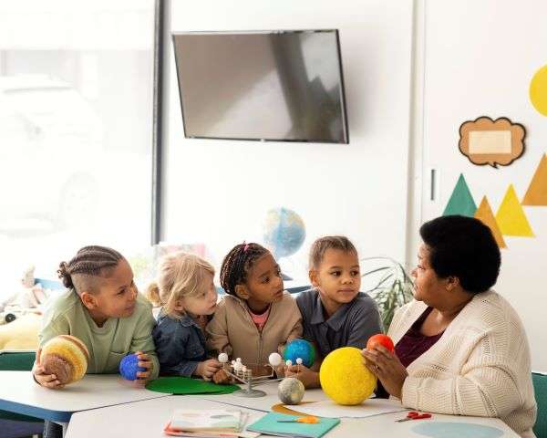 Children listening to their teacher. 