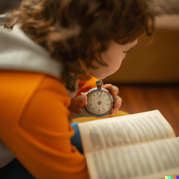 Child immersed in a book, using a stopwatch to help improve their reading fluency. The focus is on gradually increasing reading speed while maintaining comprehension, not racing against time.