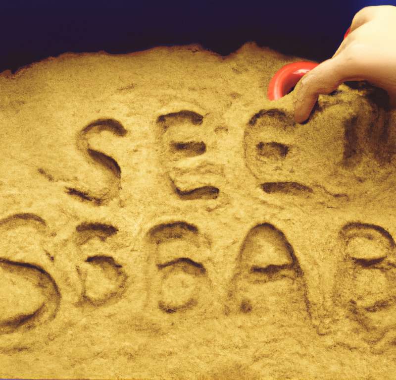 Child's hand tracing letters in the sand enhancing letter sound recognition through a multisensory activity.