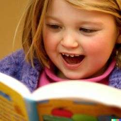 Young child joyfully reading aloud, practicing sounding out words