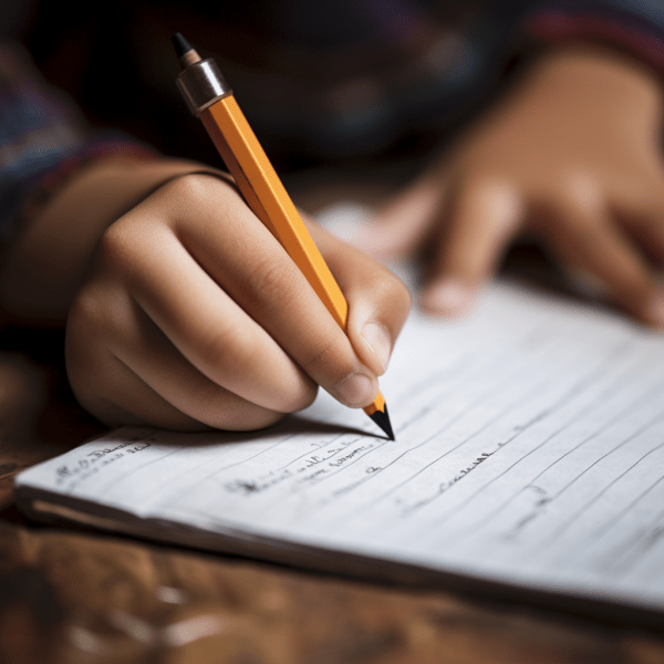 Alt-text: Close-up of a child's hand skillfully holding a pencil, demonstrating the correct grip as they practice writing on lined paper, illustrating a crucial step in helping your child with handwriting.