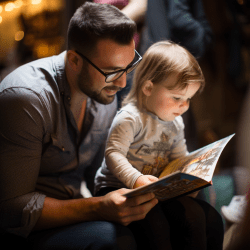 A parent with a toddler holding a book. The toddler is looking keenly at the book