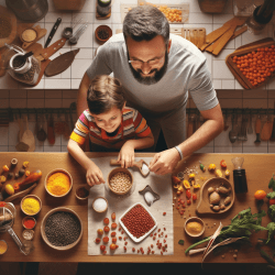 A parent and child cook together, counting ingredients.