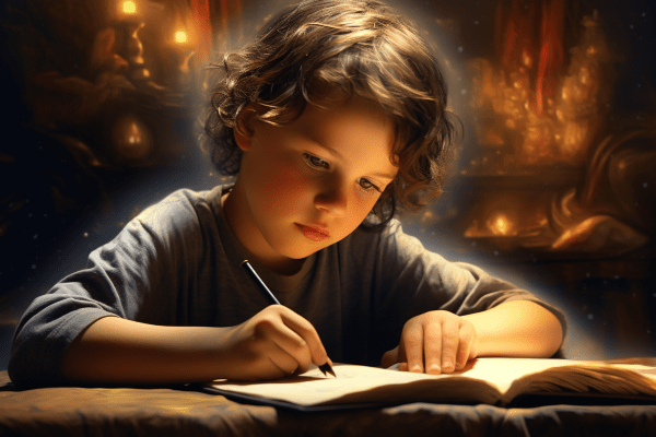 A child with a book practicing to write.