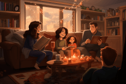 A family enjoying reading at night to boost their child's reading confidence