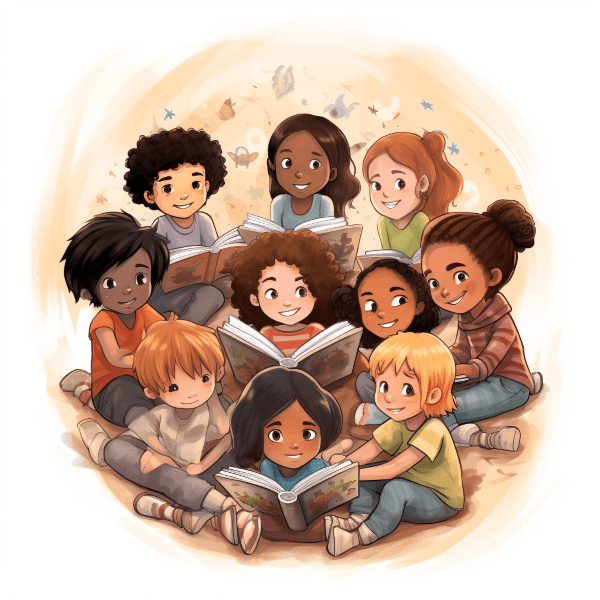 A group of children enjoying reading together.