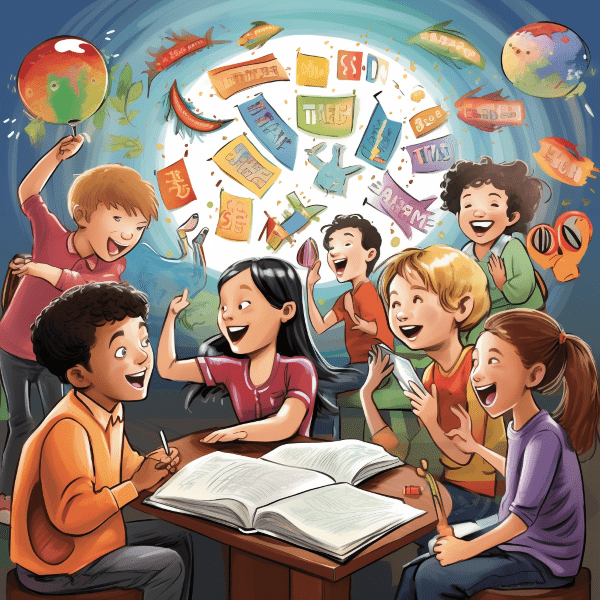 A group of kids animatedly discussing a book together to boost their reading confidence.