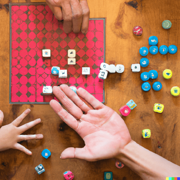 Child and parent playing a number-centric board game to introduce the child to numeracy concepts.