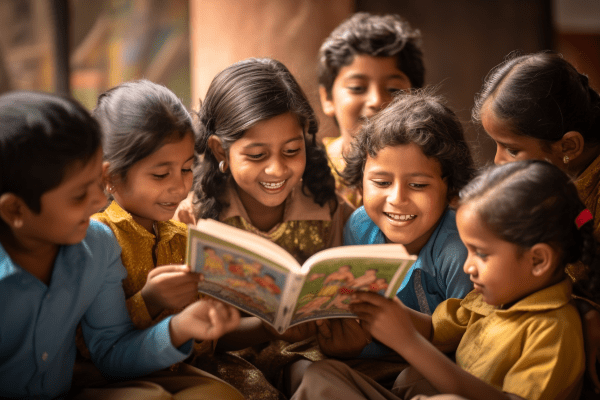 A group of children enjoying a rhyme book.