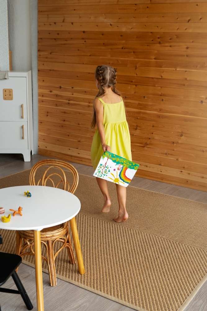 Child counting steps to measure the length of the floor mat