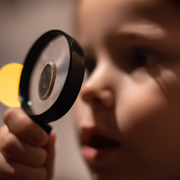 Child examining a coin with a magnifying glass.