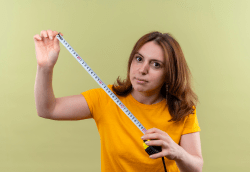 A woman holding a tape meter