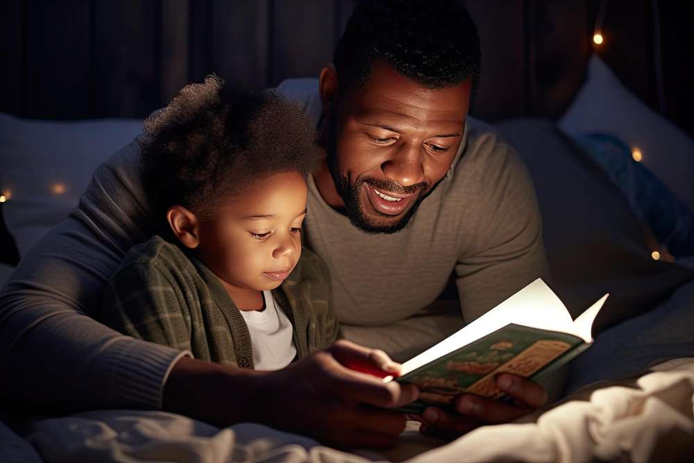 Parent teaching his child one one correspondence during a bed time story.