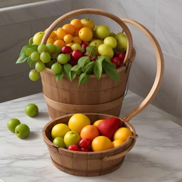 two different sizes of fruit basket to demonstrate the concept of greater than and less than.