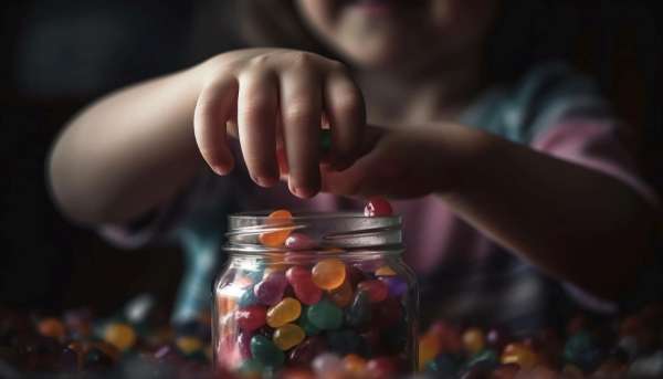 Child observing marbles in a jar.