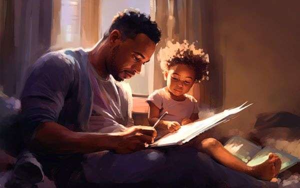 Father-son enjoying a bed time story