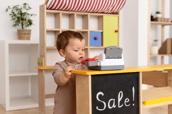 A Child engaging in algebraic play, Playing store.