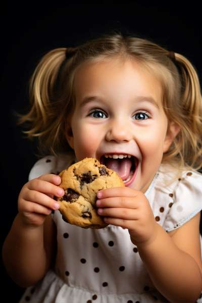 Child surprised by an unexpected cookie outcome.