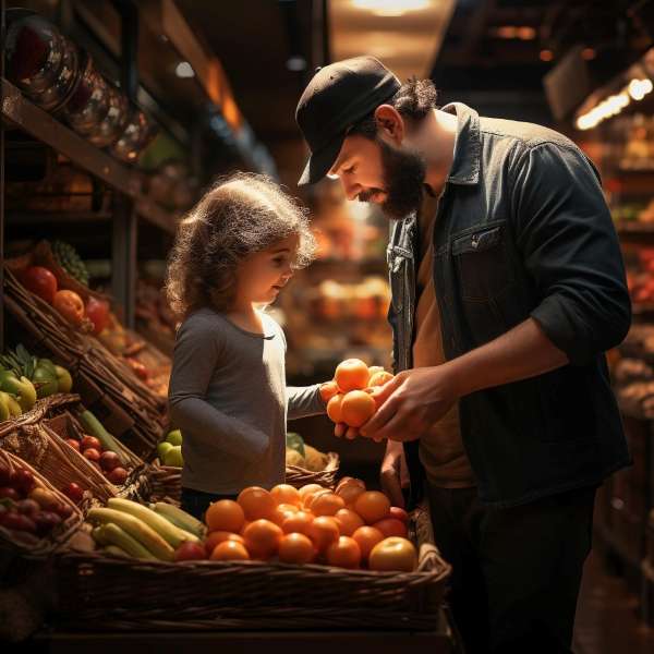 Child and parent comparing baskets of apples in grocery store.