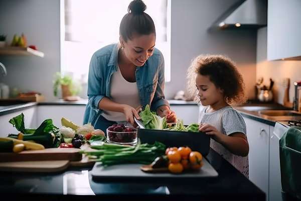 Parent and child talking as they prepare a meal together.