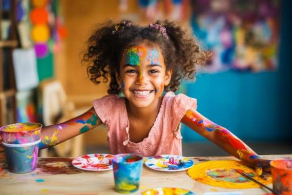 A child learning how to finger paint using washable paint/food coloring and sugar