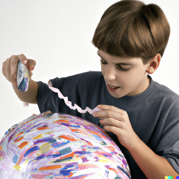 A boy making a paper ,mache bowl