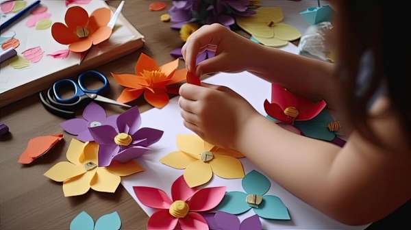 Child learning to how to make paper flowers using construction paper/tissue paper.