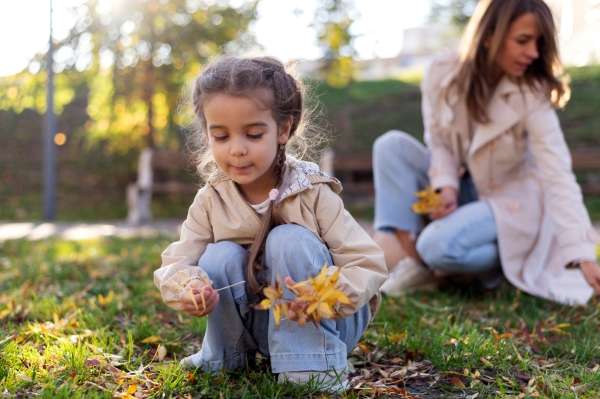 preschooler sorting leaves during an outdoor math activity.