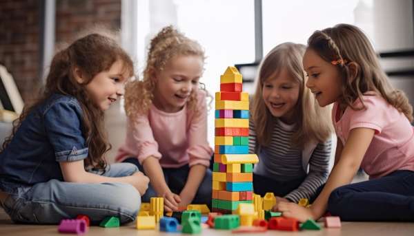 Children building bock tower