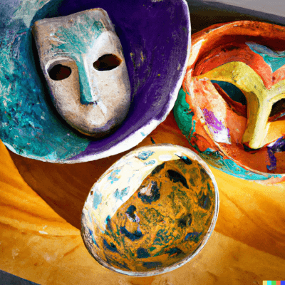 Colorful paper mache bowls and masks from a DIY paper mache tutorial