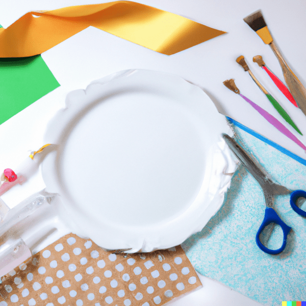 Crafting materials around a blank paper plate.